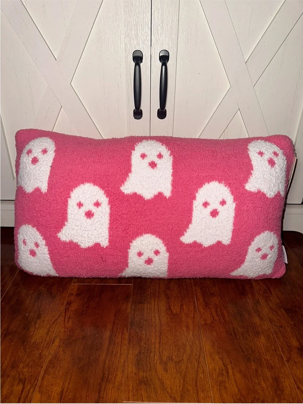 Cupcakes & Cashmere Pink and White Ghost Pattern Halloween Decorative Pillow